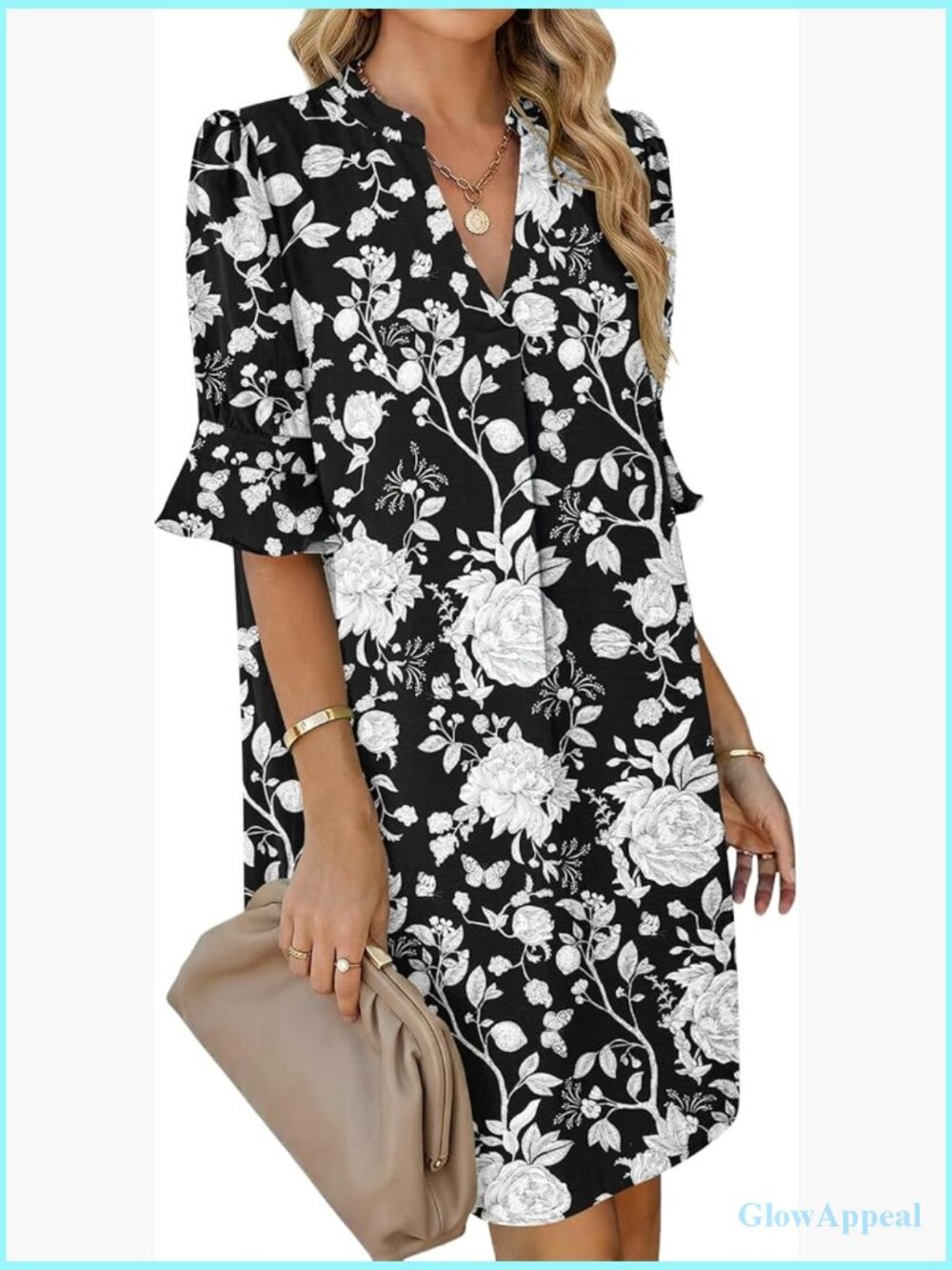 Women's V-Neck Shift Dress with Pockets Summer Casual Ruffle Short Sleeve